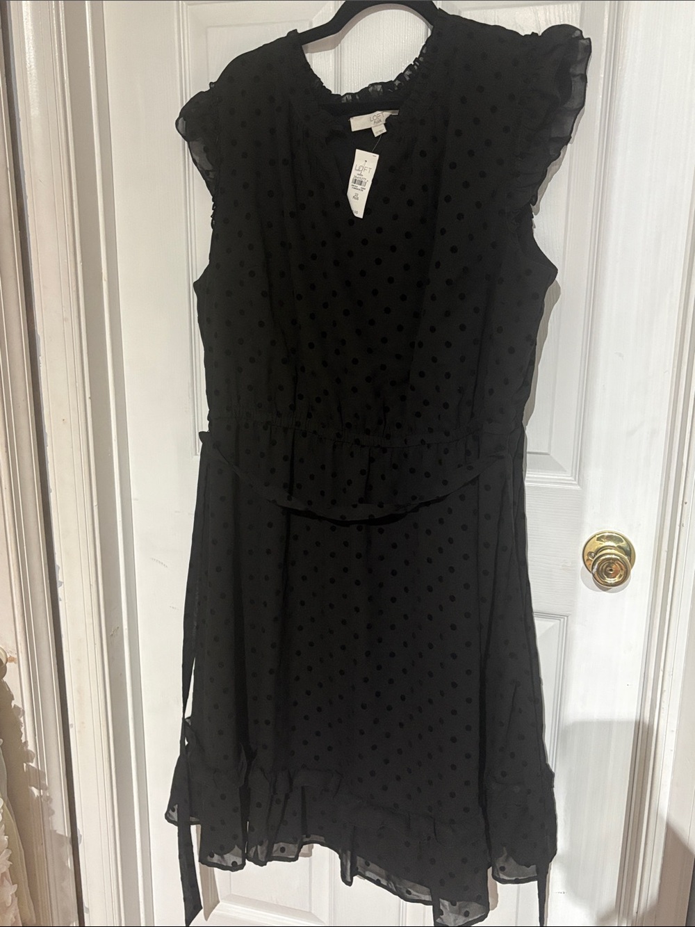 LOFT Black Sheer Polka Dot Ruffle Mini Dress